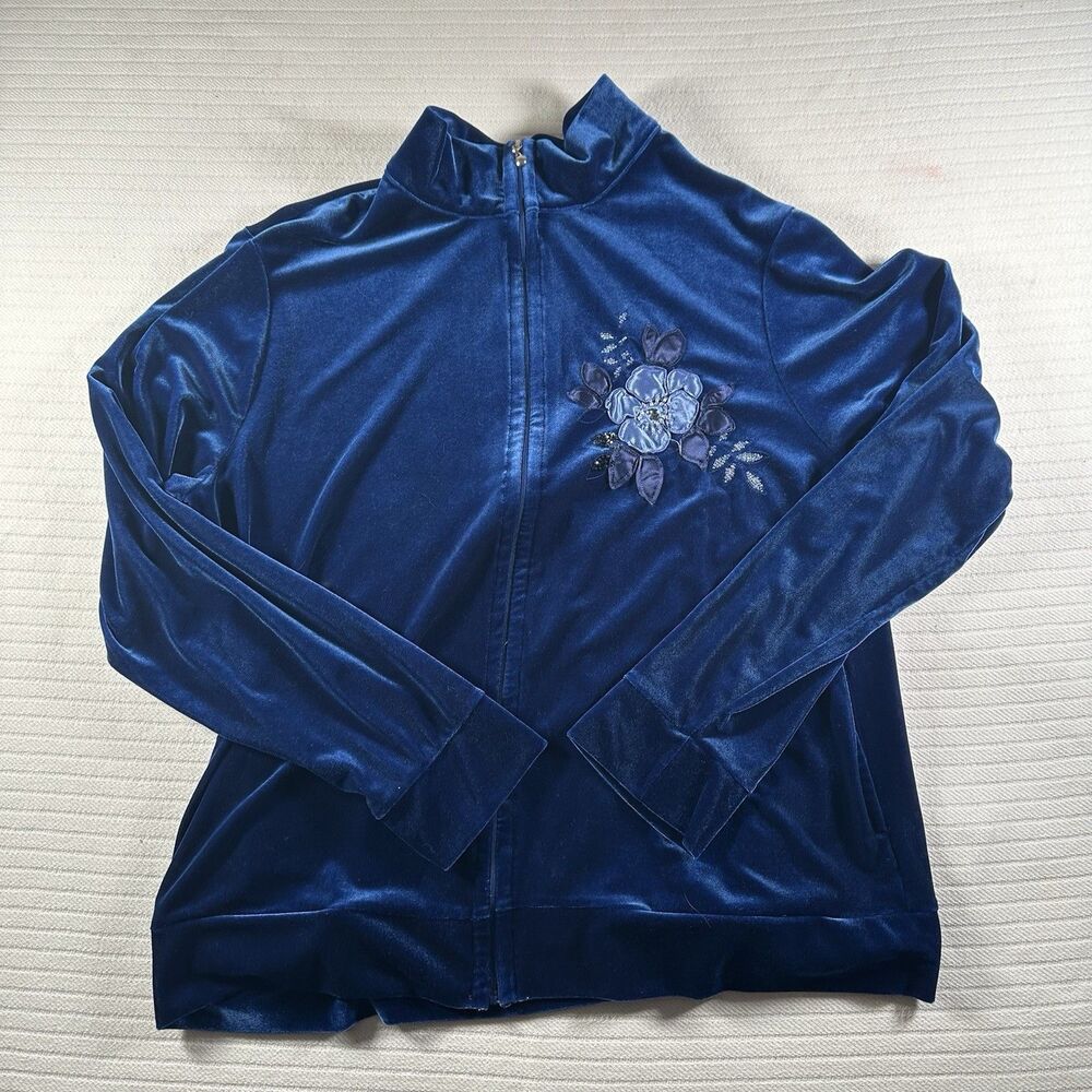 Jaclyn Smith Women’s XL Blue Velour Zip Up Jacket Floral Embroidered